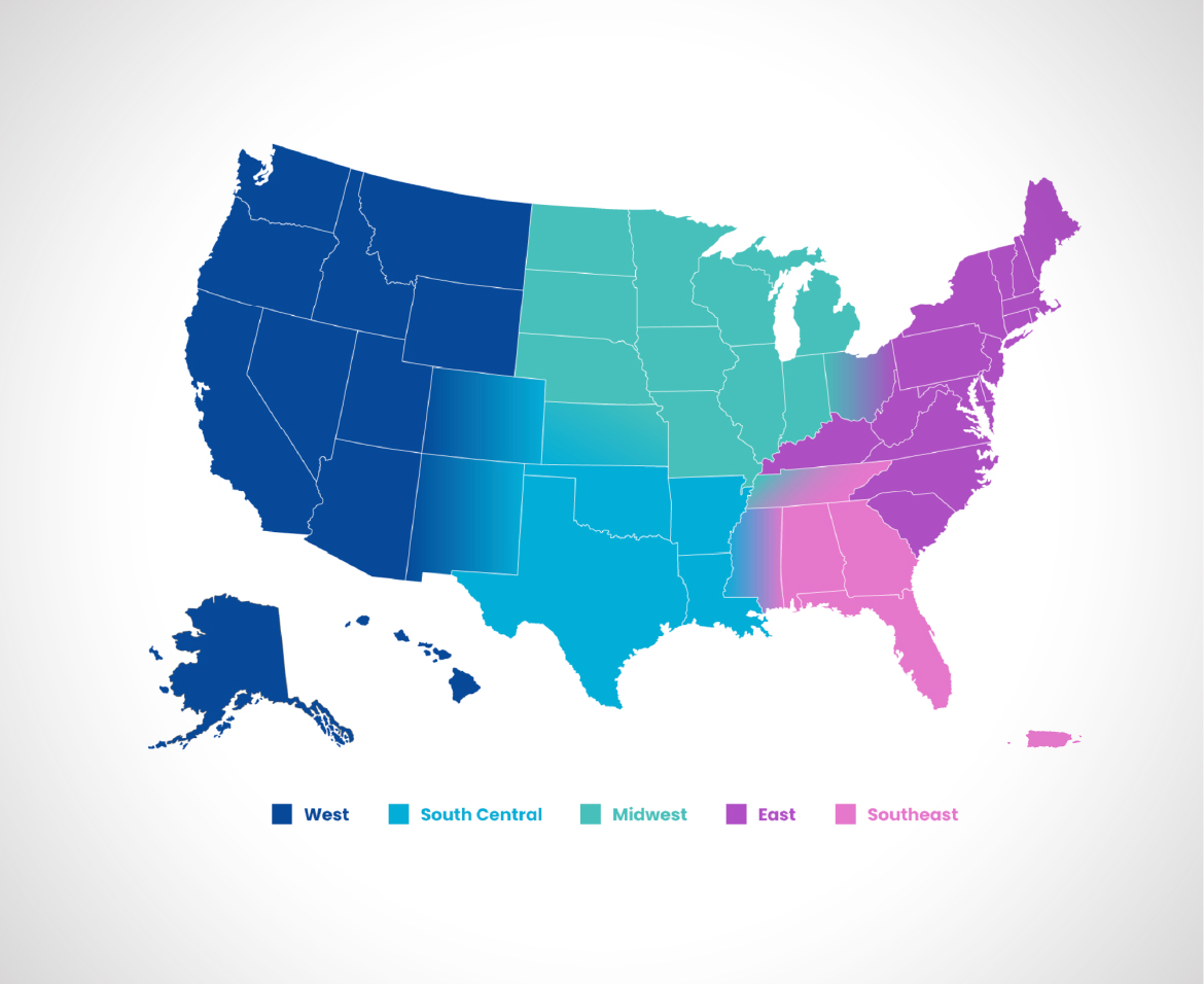 Map of U.S. states and Puero Rico with color separating West, South Central, Midwest, East, and Southeast regions.